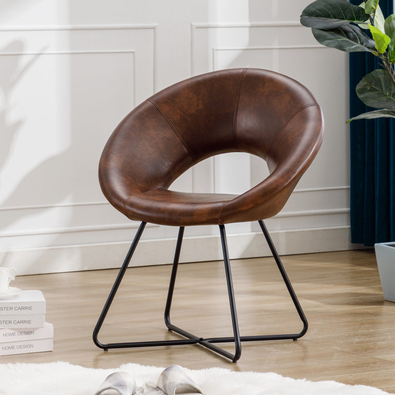 Coomer 26.75" Wide Faux Leather Barrel Accent Chair with Metal Base, Black/Dark Brown