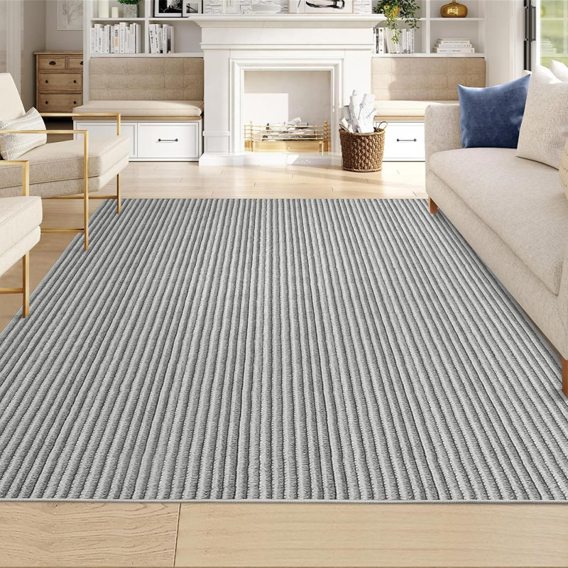 5x7 Neutral Boho Area Rug, Striped Soft Ultra-Thin Non-Slip Washable Carpet for Living Room, Bedroom, Nursery, Dining Room, Beige