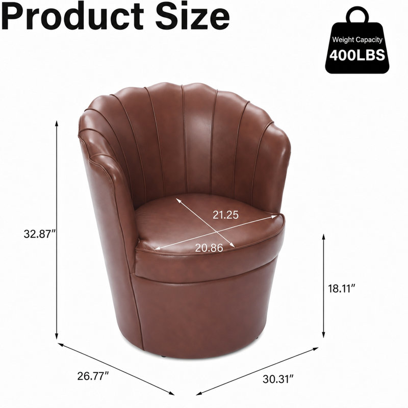 Genuine Leather Accent Swivel Barrel Chair – 360° Spin Metal Base, Brown