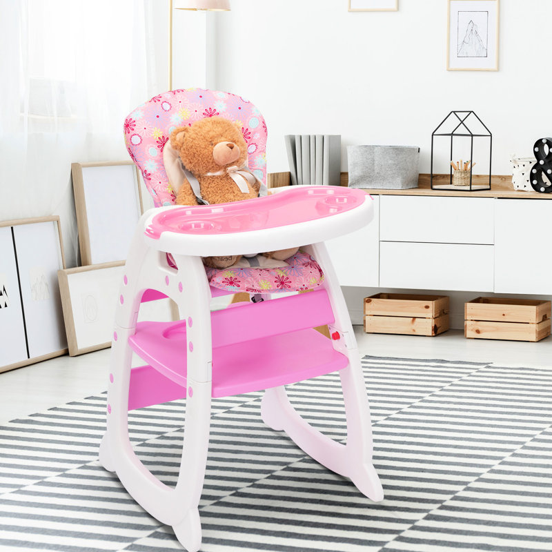 Chaise d'activité sécurisée avec base stable et trait rose, plateau d'alimentation réglable à 5 boucles,