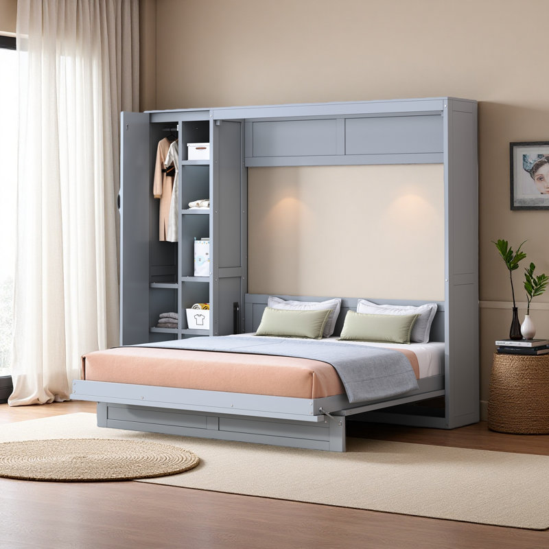 Lit escamotable mural Murphy avec tablettes, garde-robe et lumières DEL, Grand lit, Gris