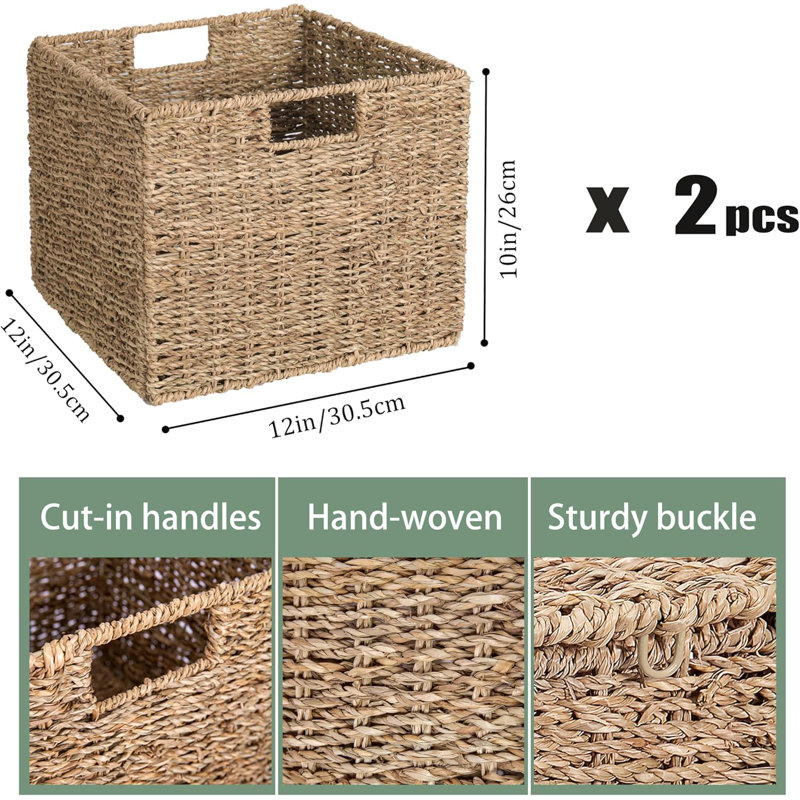 Handwoven Seagrass Storage Baskets Set Of 2, Foldable Wicker Storage Bins For Home Organization, Large Cube Basket With Sturdy Iron Frame