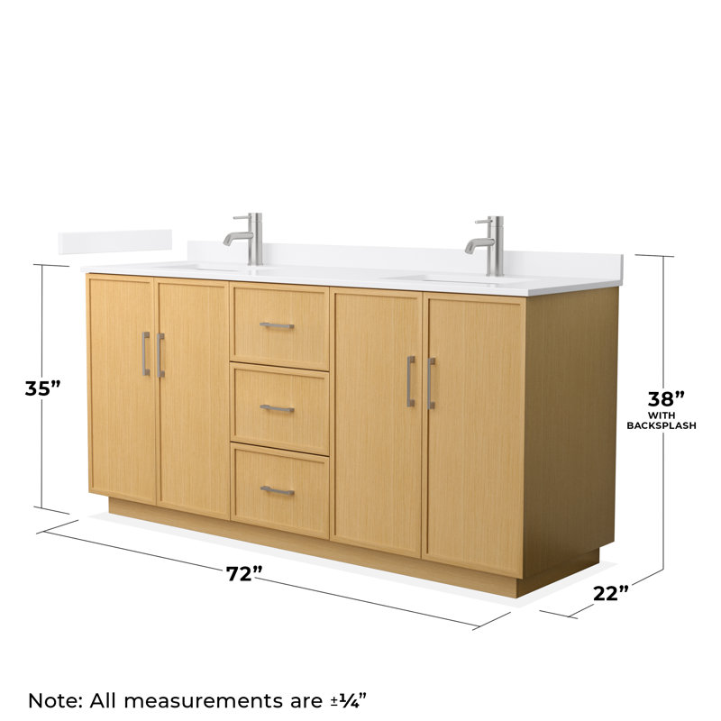 Meuble-lavabo double autoportant 72 po avec plateau en quartz Elan TK, Quartz blanc, Chêne clair, Nickel brossé