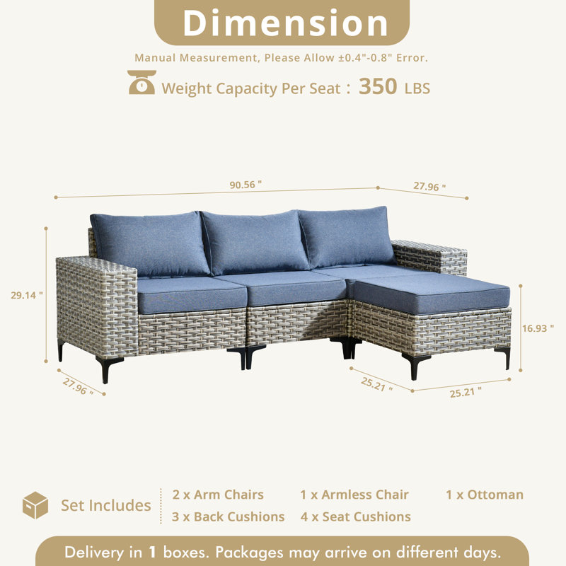 Ensemble de canapé modulaire d'extérieur en osier avec repose-pieds, table basse, coussins et jet - Idéal pour se détendre sur la terrasse