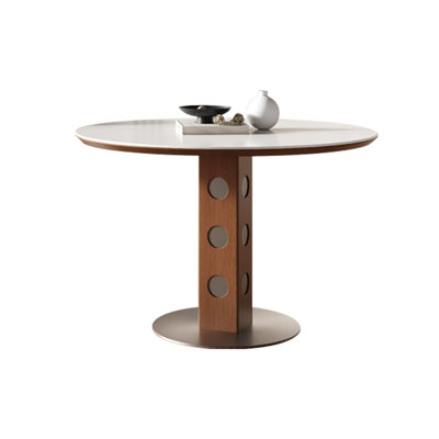 Nut-brown Round Thickened rock plate Multi-layer solid wood full support board FAS grade ash wood table legs Brushed stainless steel base Dining table