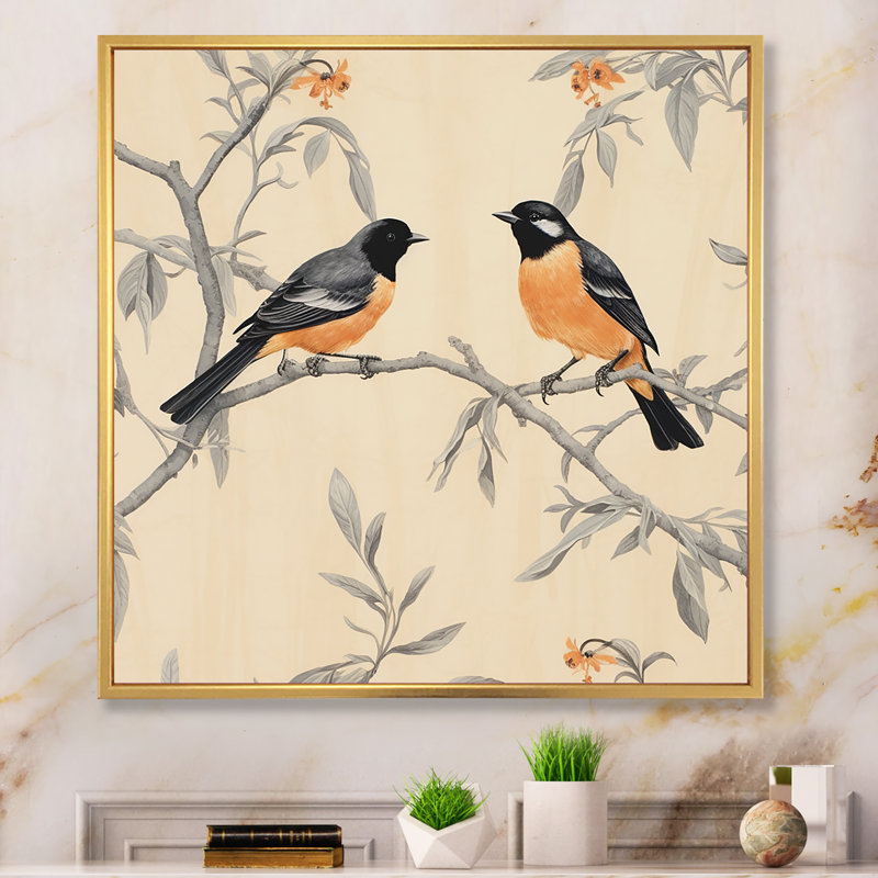 «Orange Black Birds On Trees II», reproduction sur toile encadrée, Cadre flottant doré, H 30 po x l 30 po x P 1 po