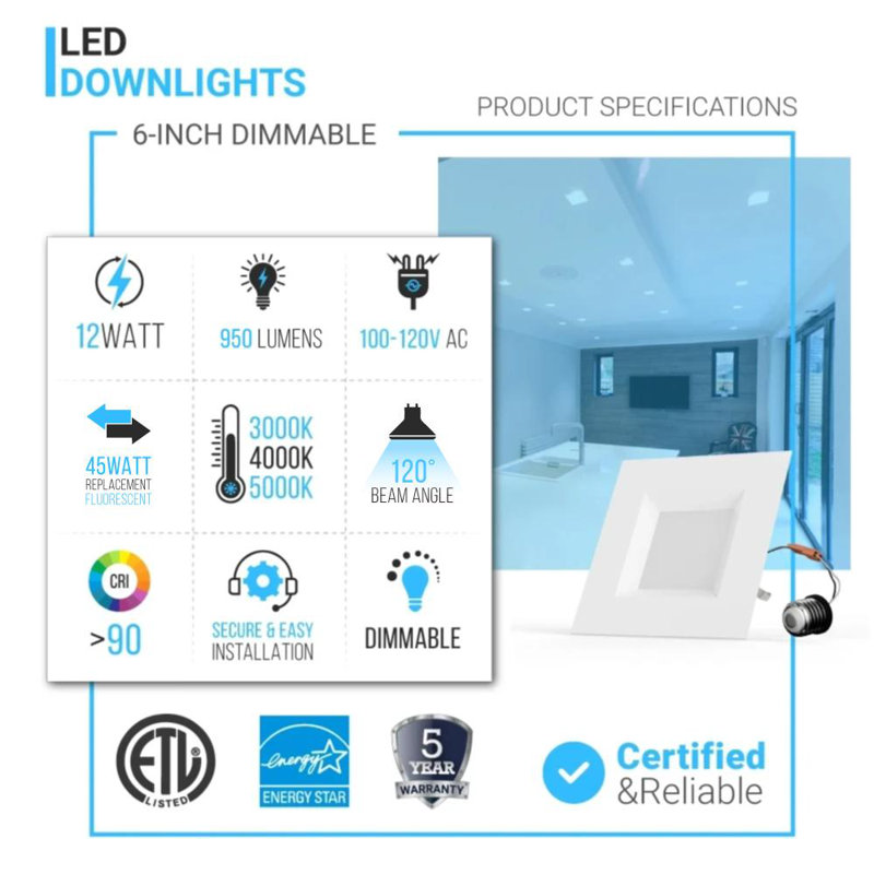 Plafonnier encastré à DEL à intensité variable de 12 W à DEL 5/8 po (12 pièces), 3000 K