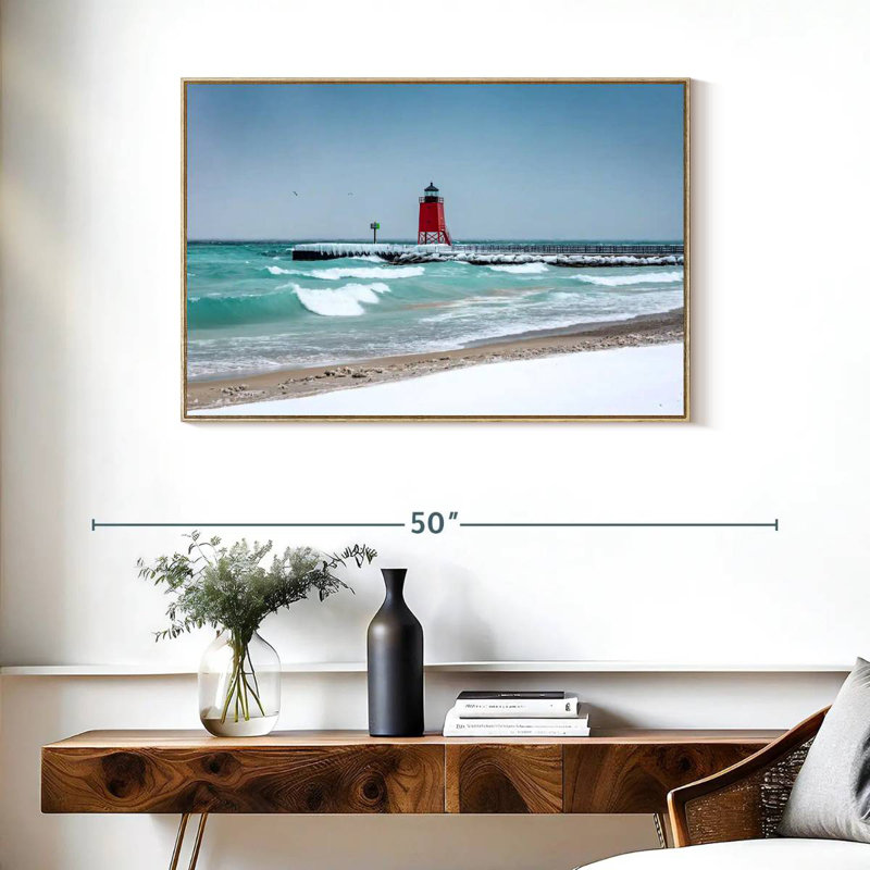 Charlevoix Lighthouse View, Floating Frame Natural Wood, 37" X 25"