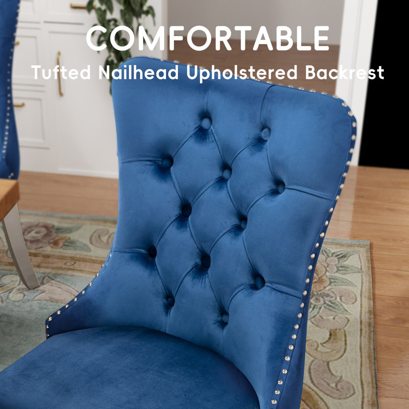Modern Metal Nailhead Trim Velvet Dining Chairs (Set of 2), Blue