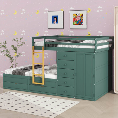 Lit superposé double avec 2 grands tiroirs et 5 petits tiroirs, structure en bois aggloméré de qualité et lit de rangement élégant avec petite armoire