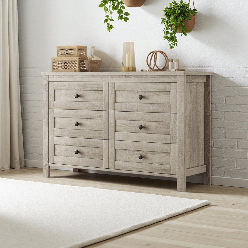 Commode en bois de style rétro avec 6 tiroirs, Gris antique