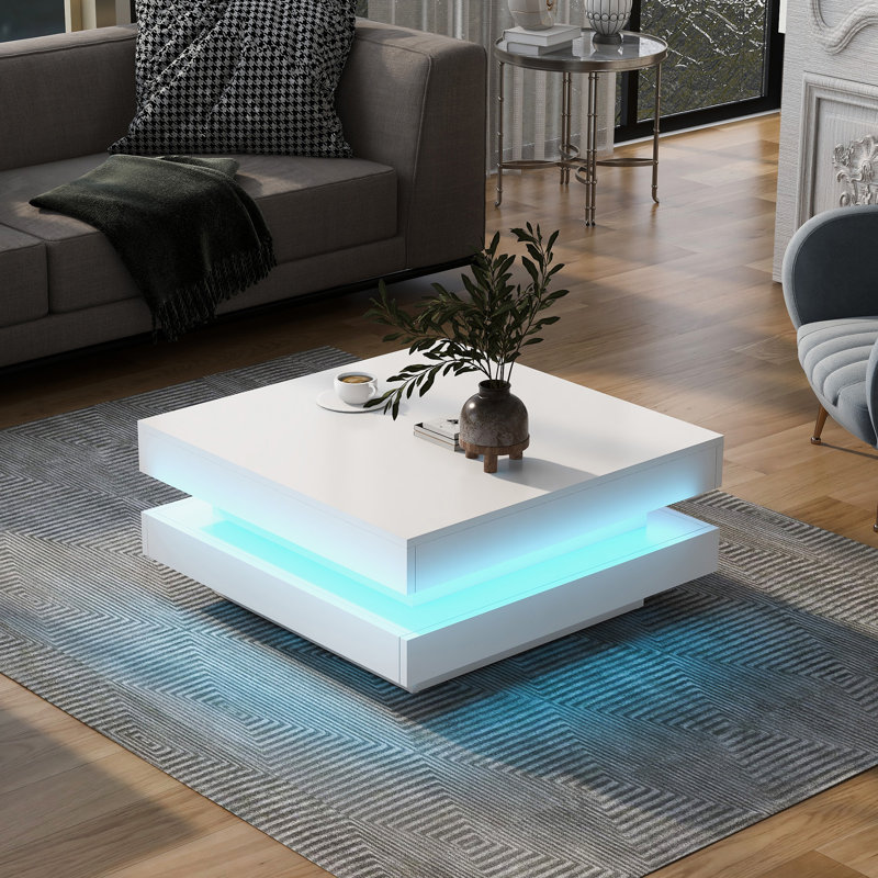 Design minimaliste ultrabrillant tendance avec lumières à DEL (table basse incluse, sans chaises), Blanc