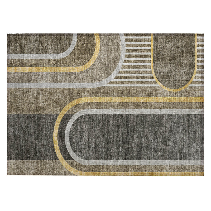 2' X 3' Gray Green and Gold Abstract Washable Non Skid Indoor Outdoor Area Rug