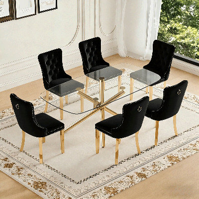 71" Dining Table Set, Modern Dining Table Set With Tempered Glass Tabletop, Velvet Chairs & Gold Metal Legs