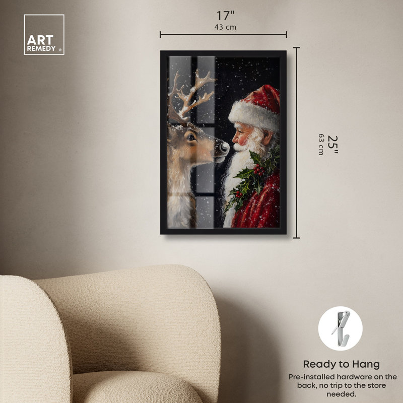 Décoration de Noël père Noël et renne avec boîte-cadre par Art Remedy, cadre noir, 11 x 16, H 25 po x l 17 po