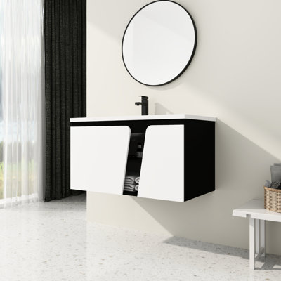 Bathroom Vanity With Ceramic Basin. Soft-close Door Function. Modern Sight. Plywood. White And Black Options Feature. Outlook.
