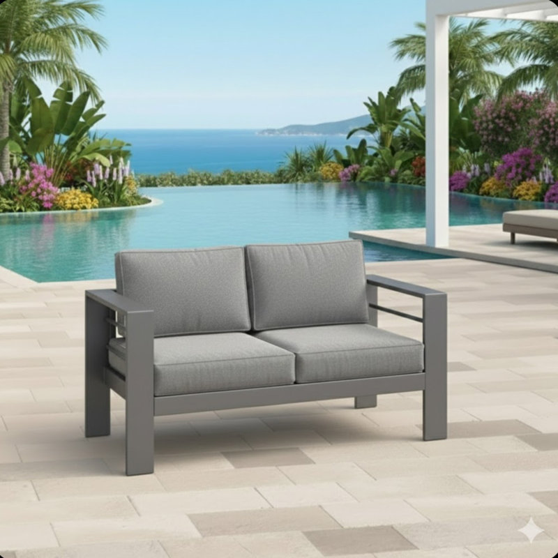Causeuse de terrasse 52 po toutes saisons en métal avec coussins gris épais et structure grise, Coussin gris / cadre gris