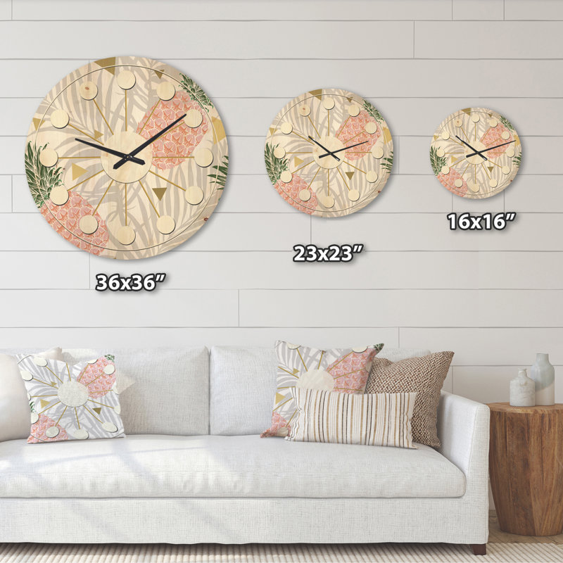 Horloge murale ananas sur bois à feuilles tropicales, Grand