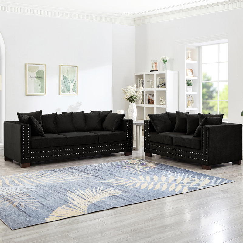 Canapé de salon noir moderne 2 + 3 places, revêtement en velours, accoudoirs carrés, clous argentés, pieds en bois massif à 5 places, accoudoirs avec sièges confortables, housses amovibles, fonction de rangement, ressort