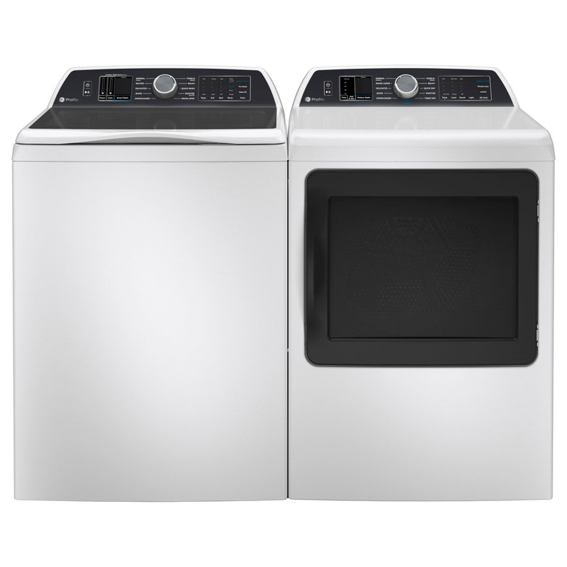 GE Profile 5.4 cu. ft. ENERGY STAR Top Load Washer with Smarter Wash Technology and FlexDispense + 7.4 cu. ft. ENERGY STAR Smart Gas Dryer with Sanitize Cycle and Sensor Dry