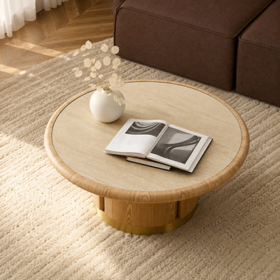Table basse ronde naturelle 35,43 pouces avec plateau en pierre frittée et piédestal en panneau de fibres à densité moyenne, bordure en acier inoxydable brossé doré, table d'appoint ronde pour le salon et le salon
