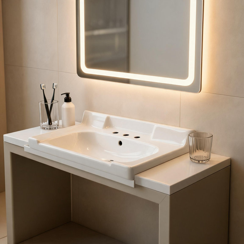 Lavabo de salle de bain en céramique blanche de 71 cm (28 po) avec trois trous prépercés pour robinetterie et trop-plein