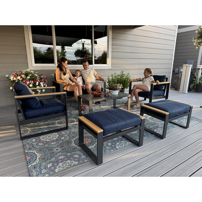 Ensemble de patio en aluminium 7 pièces, ensemble de conversation d'extérieur 9 personnes avec coussins en oléfine, Marine