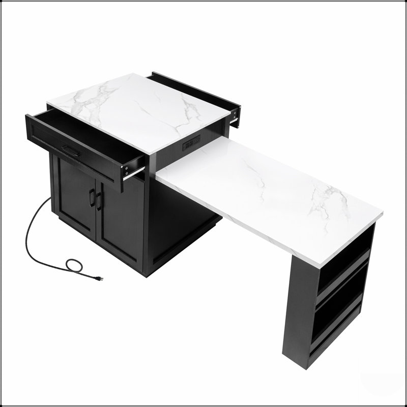 82.7 Inch Extendable Kitchen Island With Dining Table, Faux Marble Top, Double-Sized Storage, And Power Outlets For Modern Kitchens