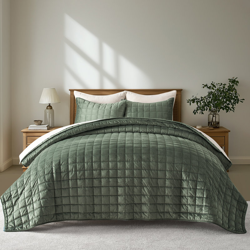Box Stitch PearlVelvet Quilt set, Queen Quilt + 2 Standard Shams, Olive Green
