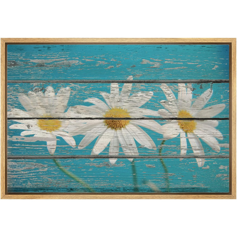 Art rétro sur toile effet fleurs de marguerite rétro sur fond en bois, Cadre naturel flottant, H 16 po x l 24 po x 1,5 po