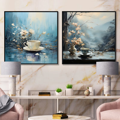 Misty Blue Tea Steaming Reverie - Ensemble de 2 collages carrés café et thé