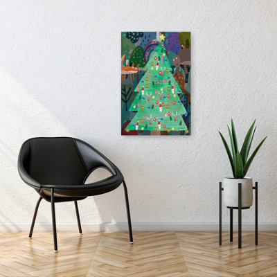 Whimsical Forest Christmas Whimsical Abstract Contemporary Christmas Tree Bear Bird Forest Nature Wall Art Print 1 Piece Wrapped Canvas Wall Art