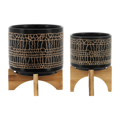 Set Of 2 Glazed Ceramic Planters With Black Metal Stands