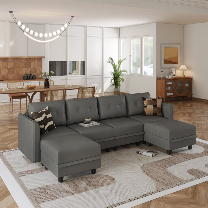 Canapé modulaire en U rembourré 6 pièces avec rangement Tomario, Polyester gris