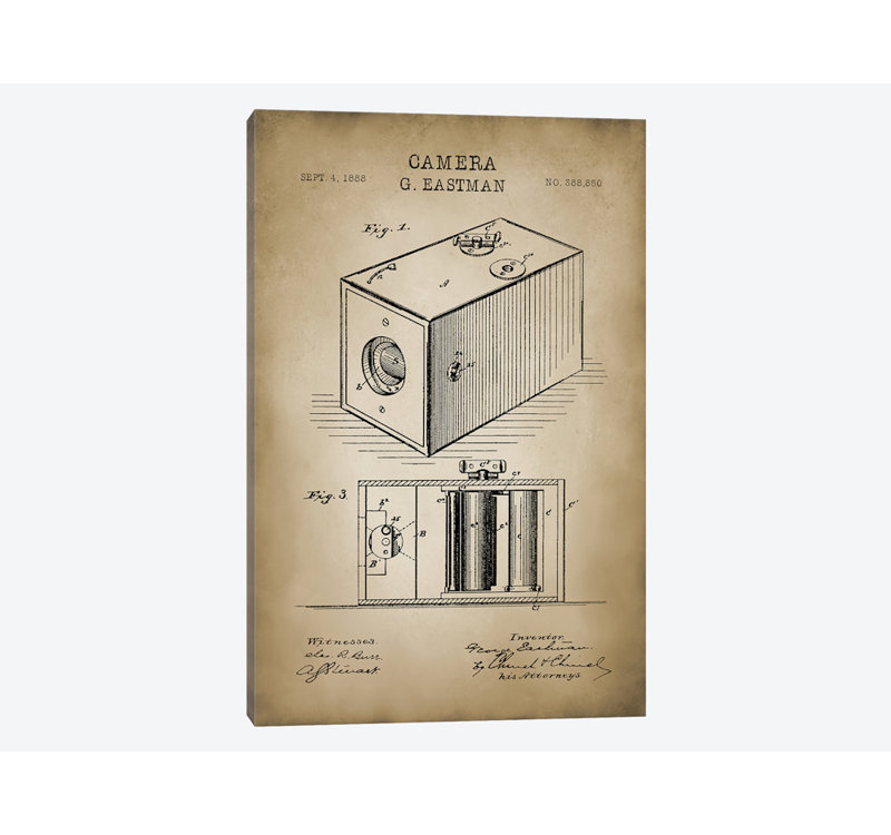 « eastman camera », impression sur toile beige, H 18 po x l 12 po x P 1,5 po, Toile tendue, Pas de tapis