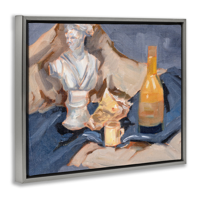 Nature morte sur couverture, art mural encadré flottant gris par Melissa Wang, Cadre flottant gris lustré, H 17 po x l 21 po