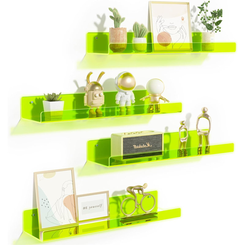4-pack Clear Fluorescent Green Acrylic Floating Shelves