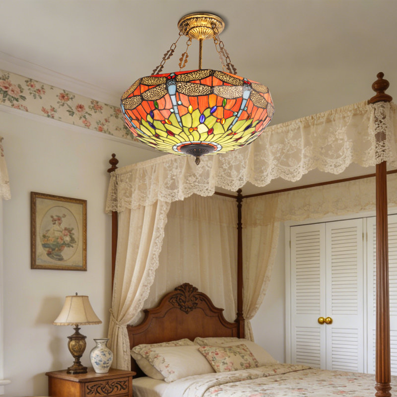 5 Light Dimmable Vintage Dragonfly Stained Glass Semi-Flush Mount Chandelier