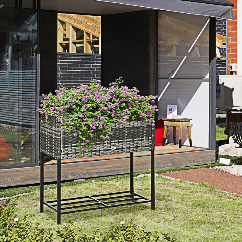 Raised Garden Bed Elevated Planter Box With Rattan Wicker Look, Gray