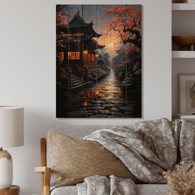 Japon, sanctuaire d'art au crépuscule I sur bois, H 32 po x l 24 po x P 0,78 po
