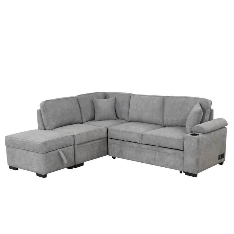 84.75" Sleeper Sofa With Storage Ottoman For Living Room, Gray Linen, Left Hand Facing