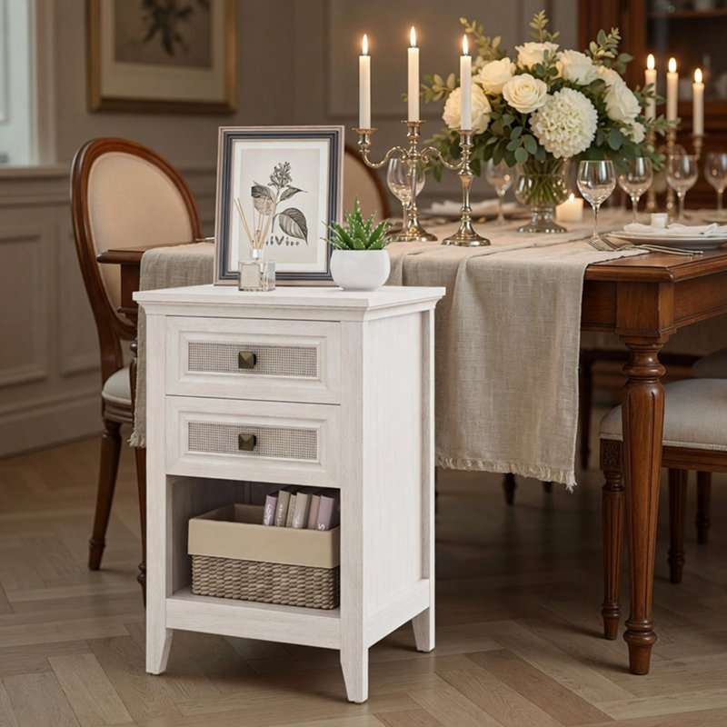 Table de chevet 17,7 po en rotin blanc - table de chevet Boho avec 2 tiroirs et tablette