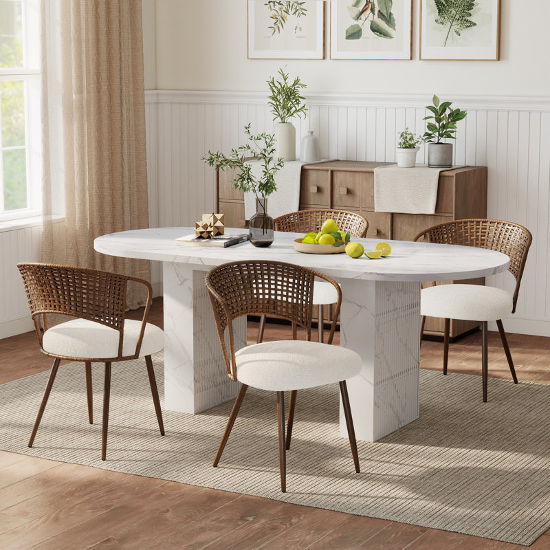 Ensemble de table et de chaises ovales avec plateau en MDF de 160 cm et de 4 à 6 chaises en osier, Blanc, Brun