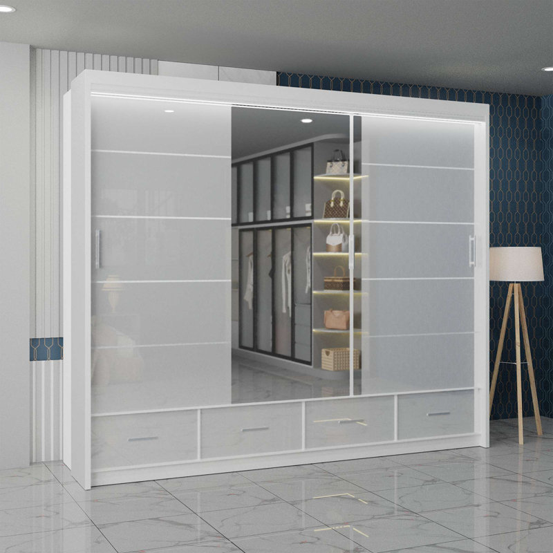Desilets 2 Door Manufactured Wood Wardrobe, 220 cm H x 255 cm W x 66 cm D, White