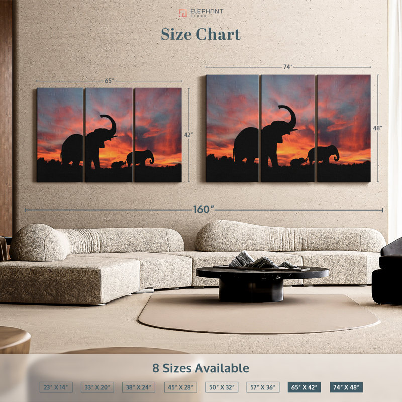«Elephant Silhouette Sunset» sur toile, H 48 po x l 74 po