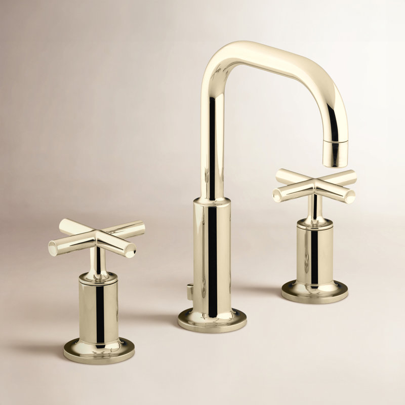 Kohler Purist® Widespread Bathroom Faucet with Pop-Up Drain Assembly, 3-Hole High Arc Cross Handle Bathroom Sink Faucet, 1.2 gpm