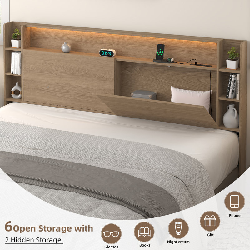 Tête de lit grand format avec rangement, lumières DEL RVB, ports de chargement USB et CA, tablettes de bibliothèque, rangement caché, rainure de la plinthe