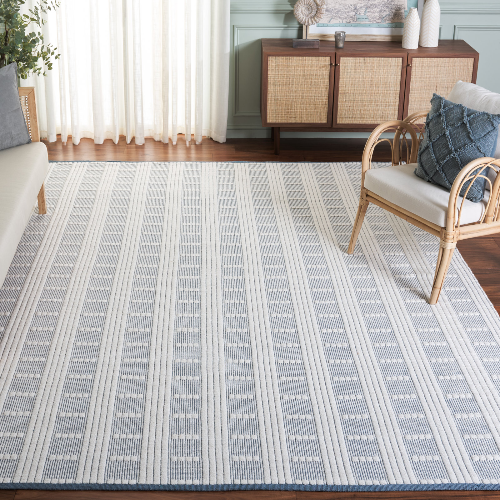 Vermont 951 Flatweave Wool/Cotton Geometric Rug in Green/Ivory, Rectangle 8' x 10', Blue 
