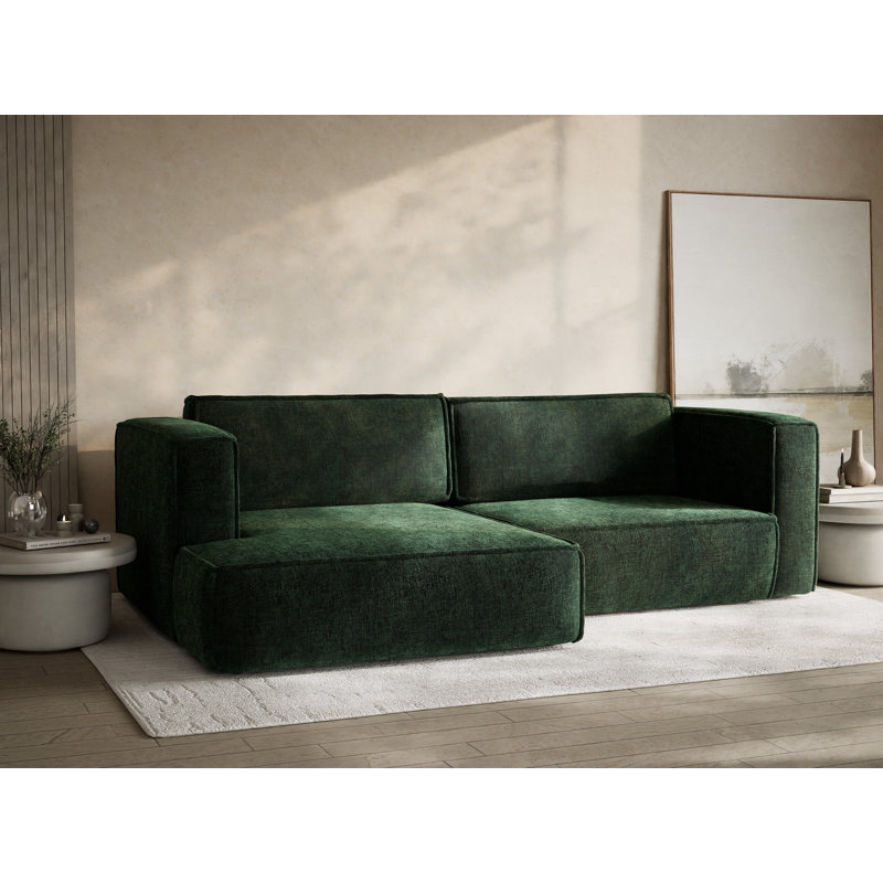 Four-Seater Corner Sofa With Bed Function, Dark Green Polyester/Chenille, Left Hand Facing