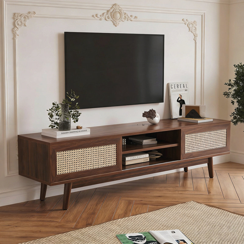 Rattan and Wood TV Stand with Storage, Mid Century Modern Design for Living Room Entertainment